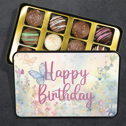 Happy Birthday Butterfly Truffle Box - Assorted Flavors in Beautiful Keepsake Tin - Mardonyx Candy