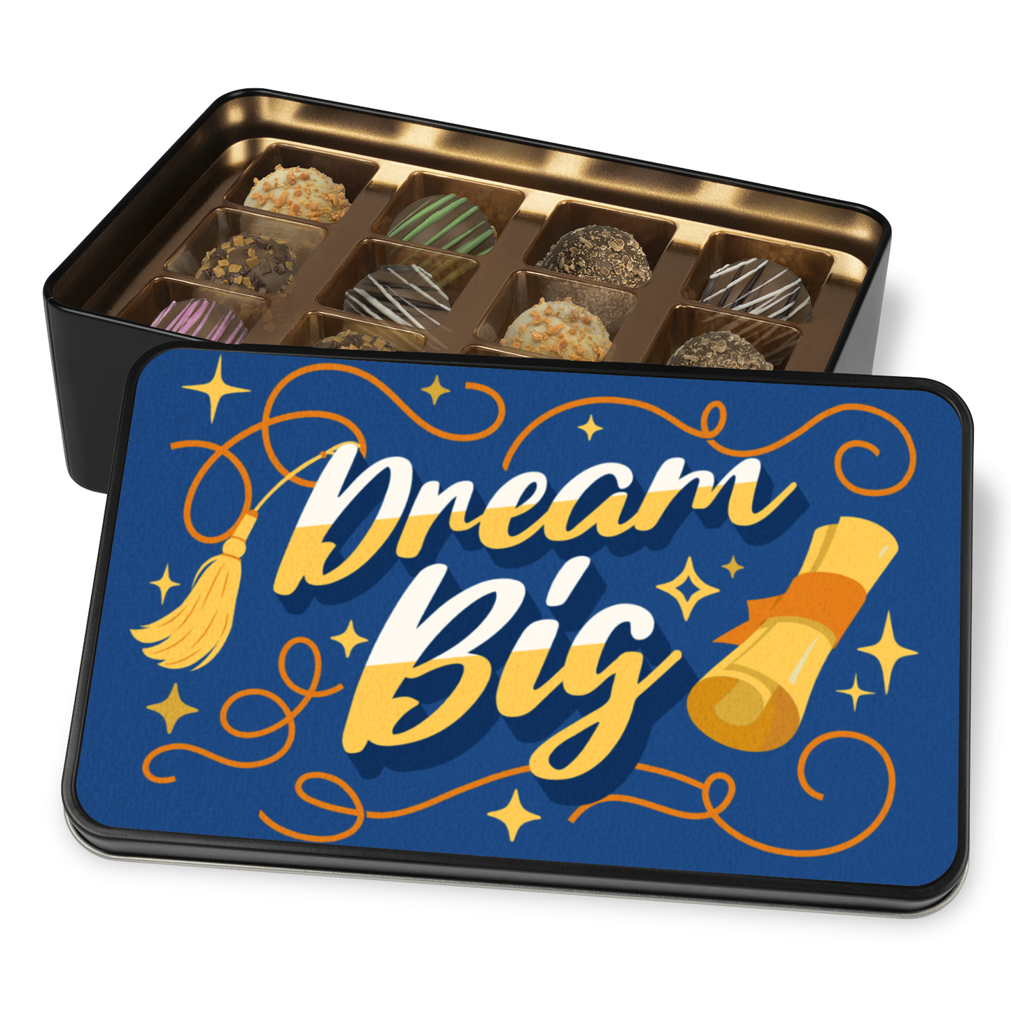 Dream Big Truffle Box - Blue Background with Diploma Graphic - 12 Decadent Assorted Flavors