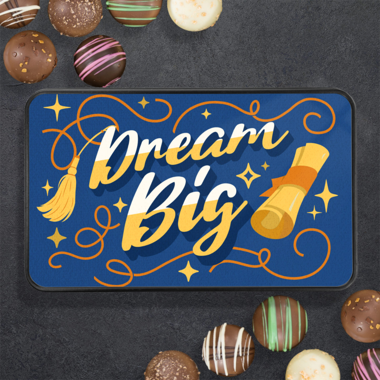 Dream Big Truffle Box - Blue Background with Diploma Graphic - 12 Decadent Assorted Flavors