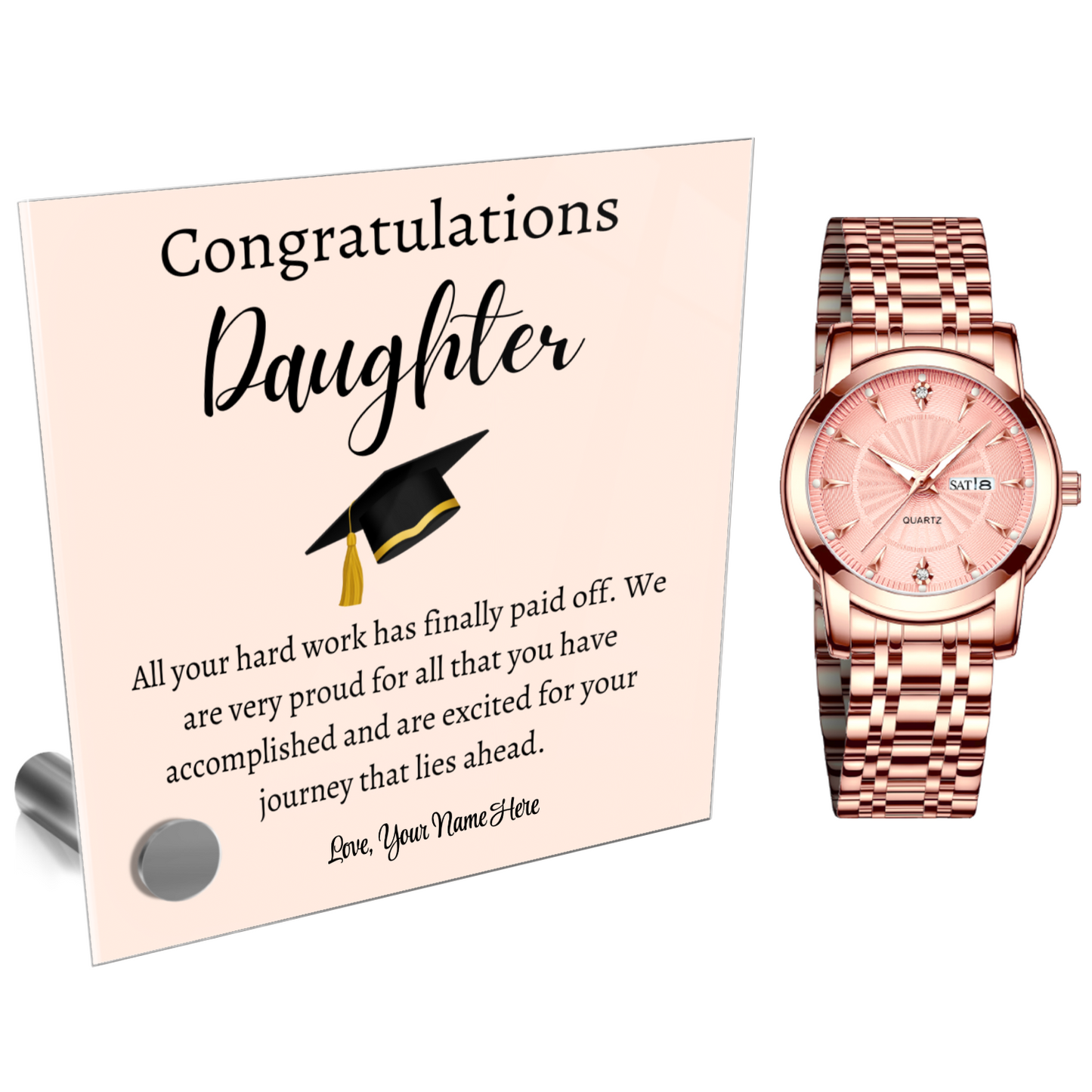 Personalized Lumenglass Plaque and Gold Wrist Watch Set - Congratulations to Our Amazing Daughter