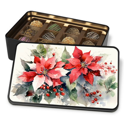 Poinsettia Watercolor Chocolate Truffles: Decadence in a Keepsake Tin