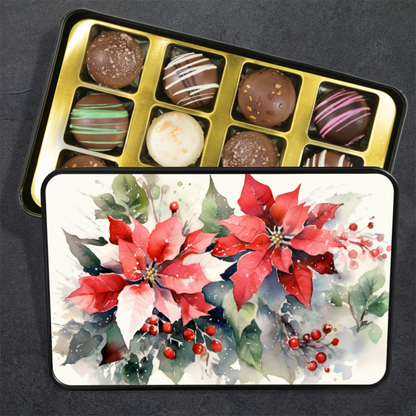 Poinsettia Watercolor Chocolate Truffles: Decadence in a Keepsake Tin