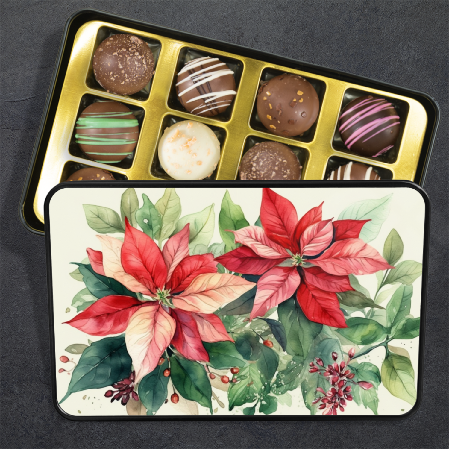 Artistic Poinsettia Chocolate Truffles: Indulgence in a Stunning Tin - Mardonyx Candy