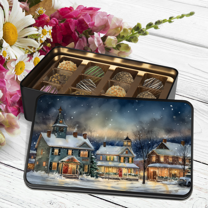 Artistic Winter Wonderland Chocolate Truffles Keepsake Tin: A Festive Delight - Mardonyx Candy