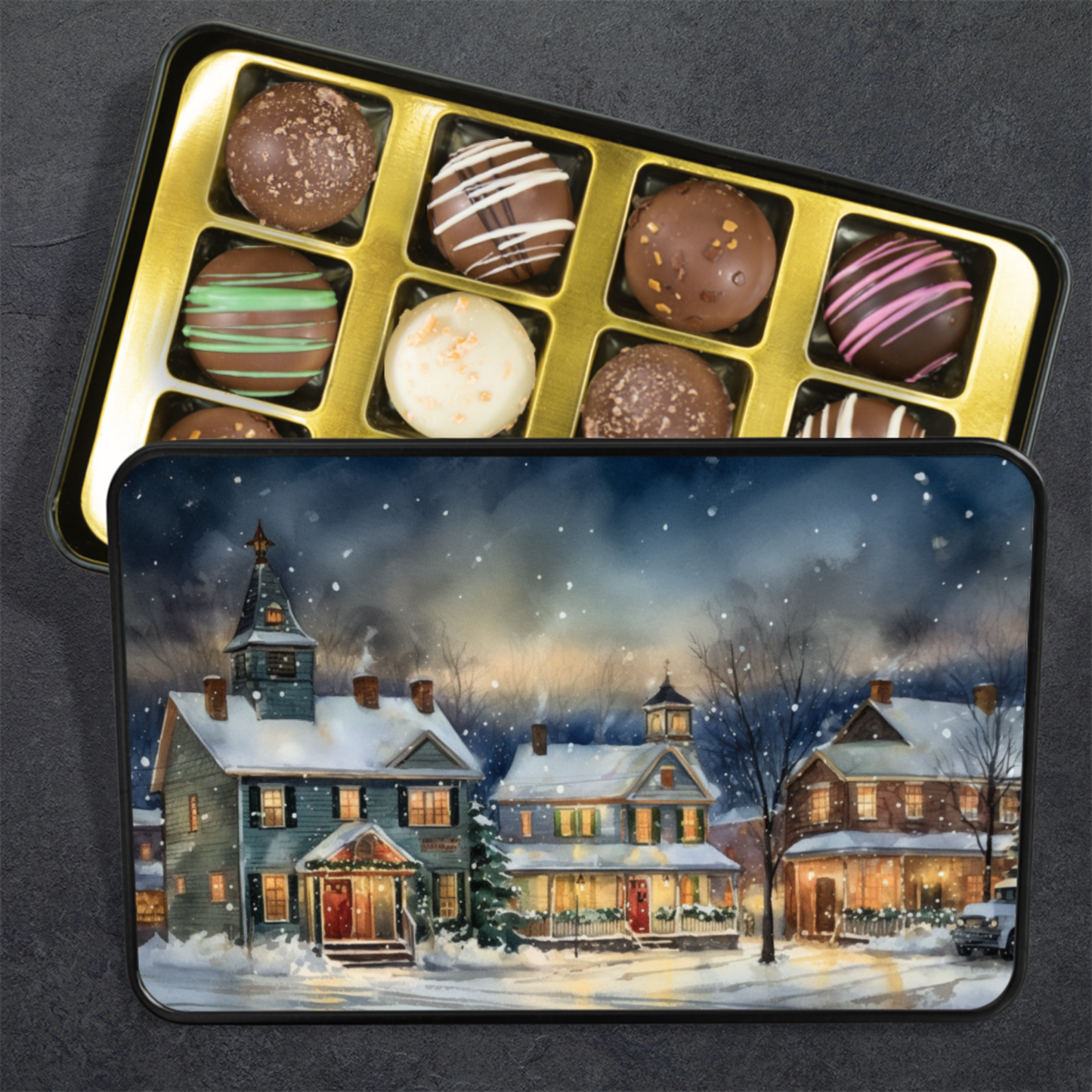 Artistic Winter Wonderland Chocolate Truffles Keepsake Tin: A Festive Delight