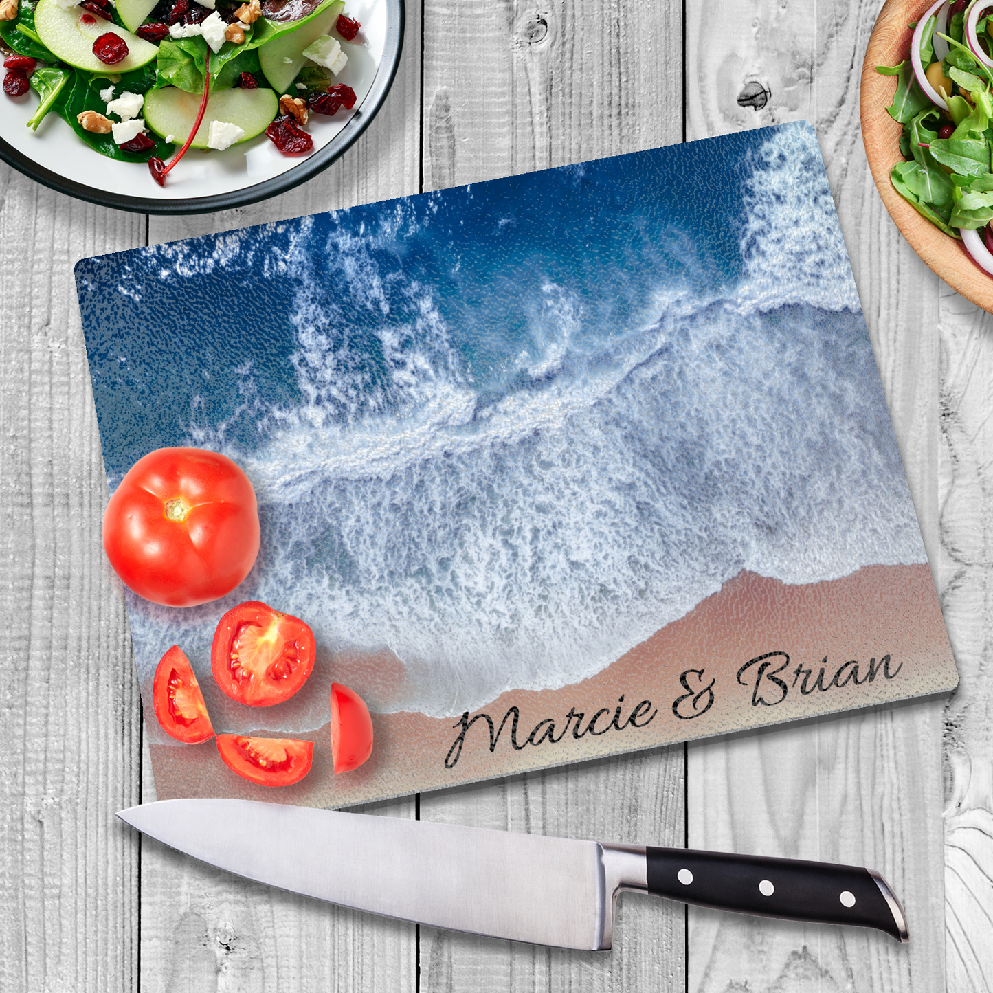 Personalized Ocean Waves Glass Cutting Board  - Glass Charcuterie Cheese Cutting Board - Wedding or Engagement Gift