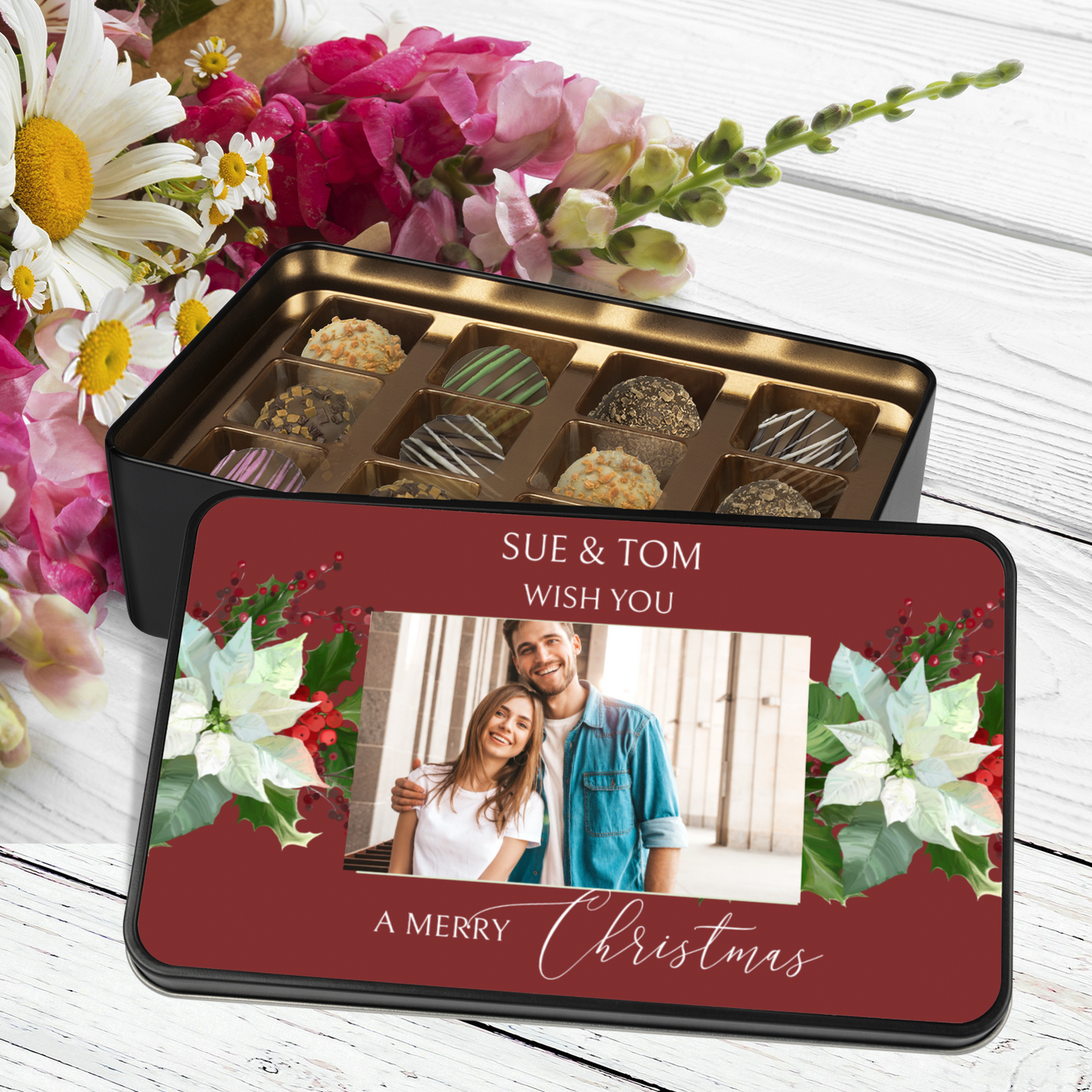 Personalized Merry Christmas Chocolate Truffles Photo Tin - Your Name and Picture