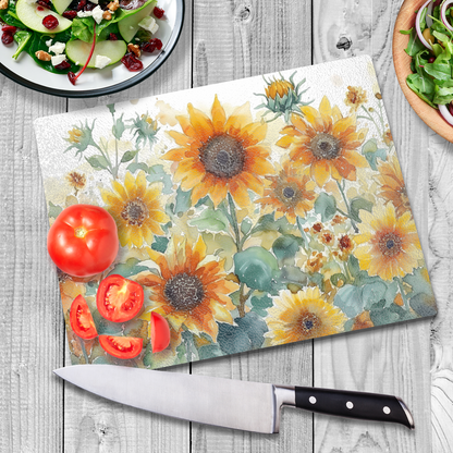 Sunflowers Counter Art, Heat Tolerant Tempered Glass Cutting Board 15” x 11” Made in the USA