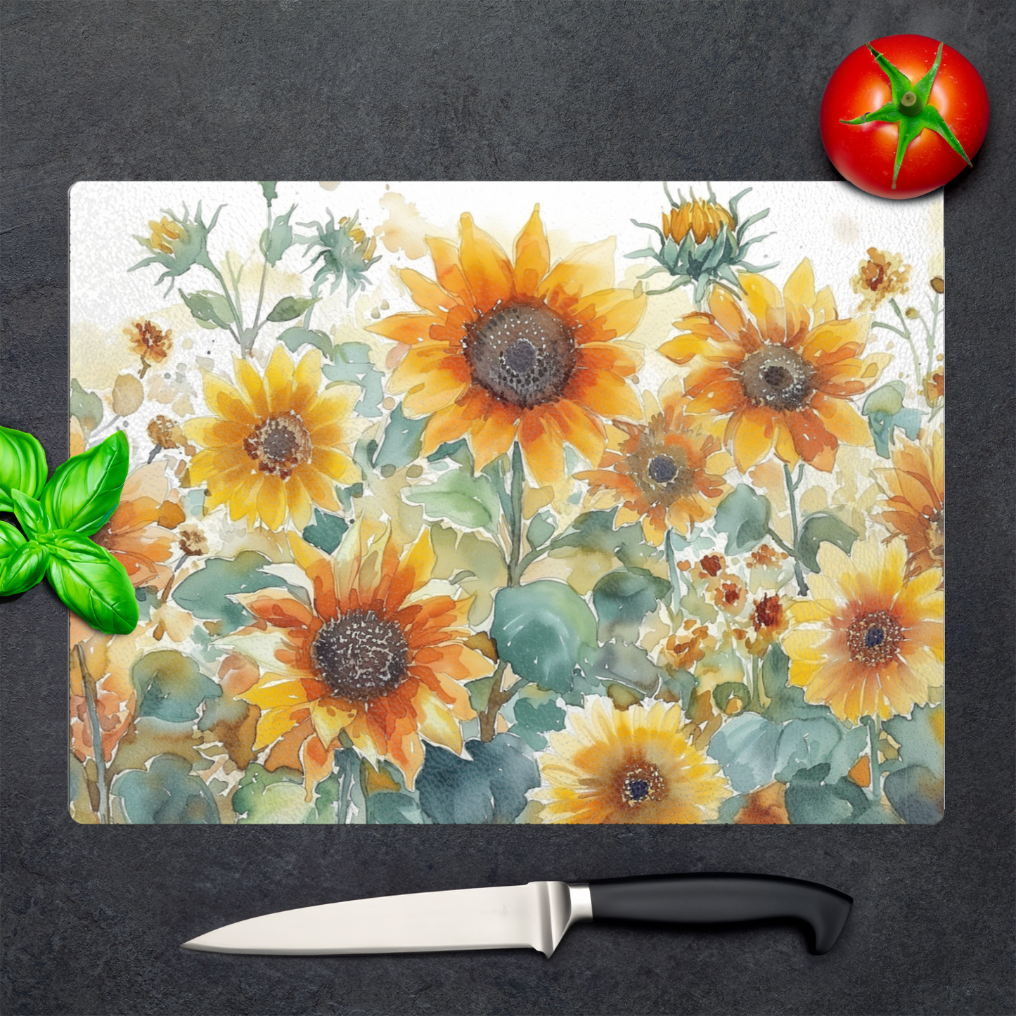 Sunflowers Counter Art, Heat Tolerant Tempered Glass Cutting Board 15” x 11” Made in the USA