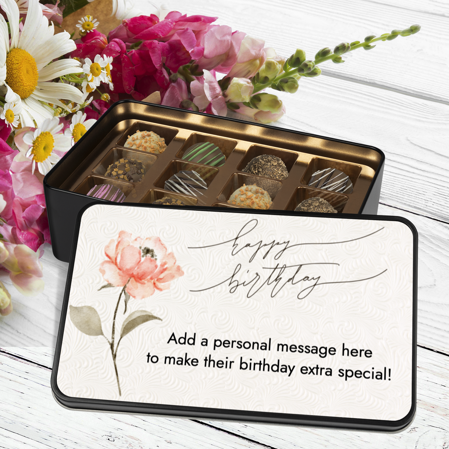 Personalized Happy Birthday Chocolate Truffles - Write Your Own Message on Keepsake Tin