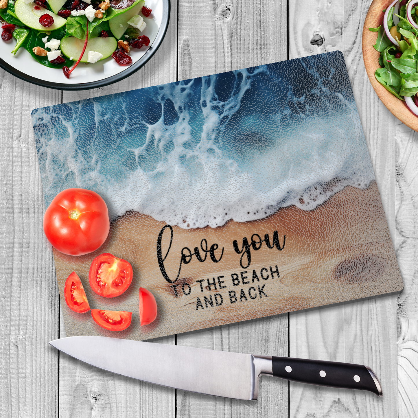 Textured Glass Chopping Board with Faux Wood and Ocean Backdrop - Love You to the Beach and Back