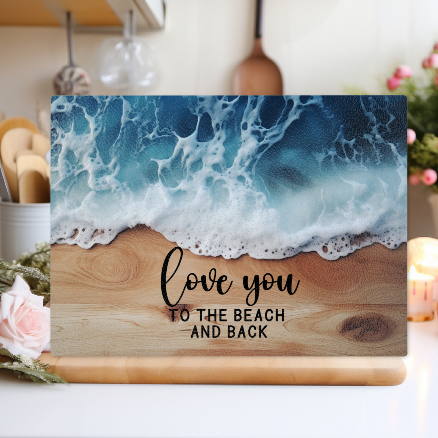 Textured Glass Chopping Board with Faux Wood and Ocean Backdrop - Love You to the Beach and Back