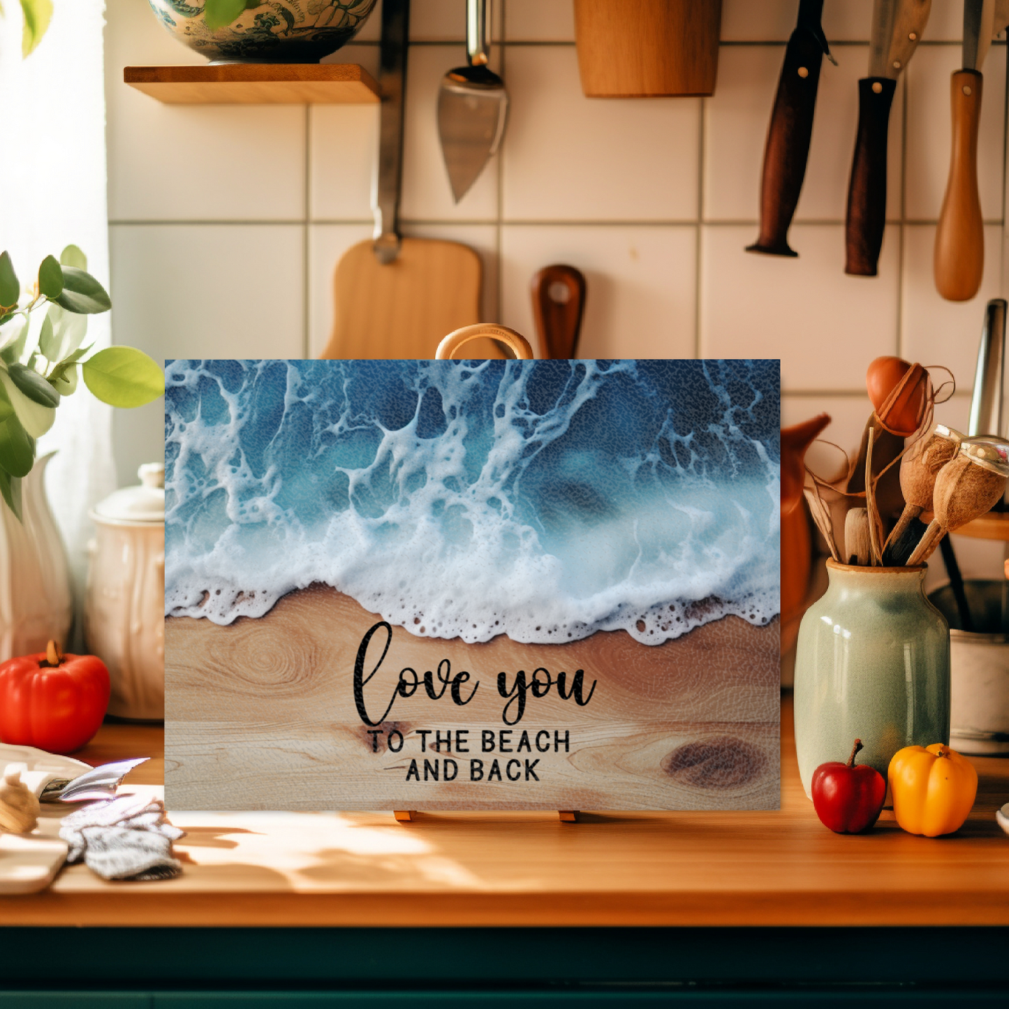 Textured Glass Chopping Board with Faux Wood and Ocean Backdrop - Love You to the Beach and Back