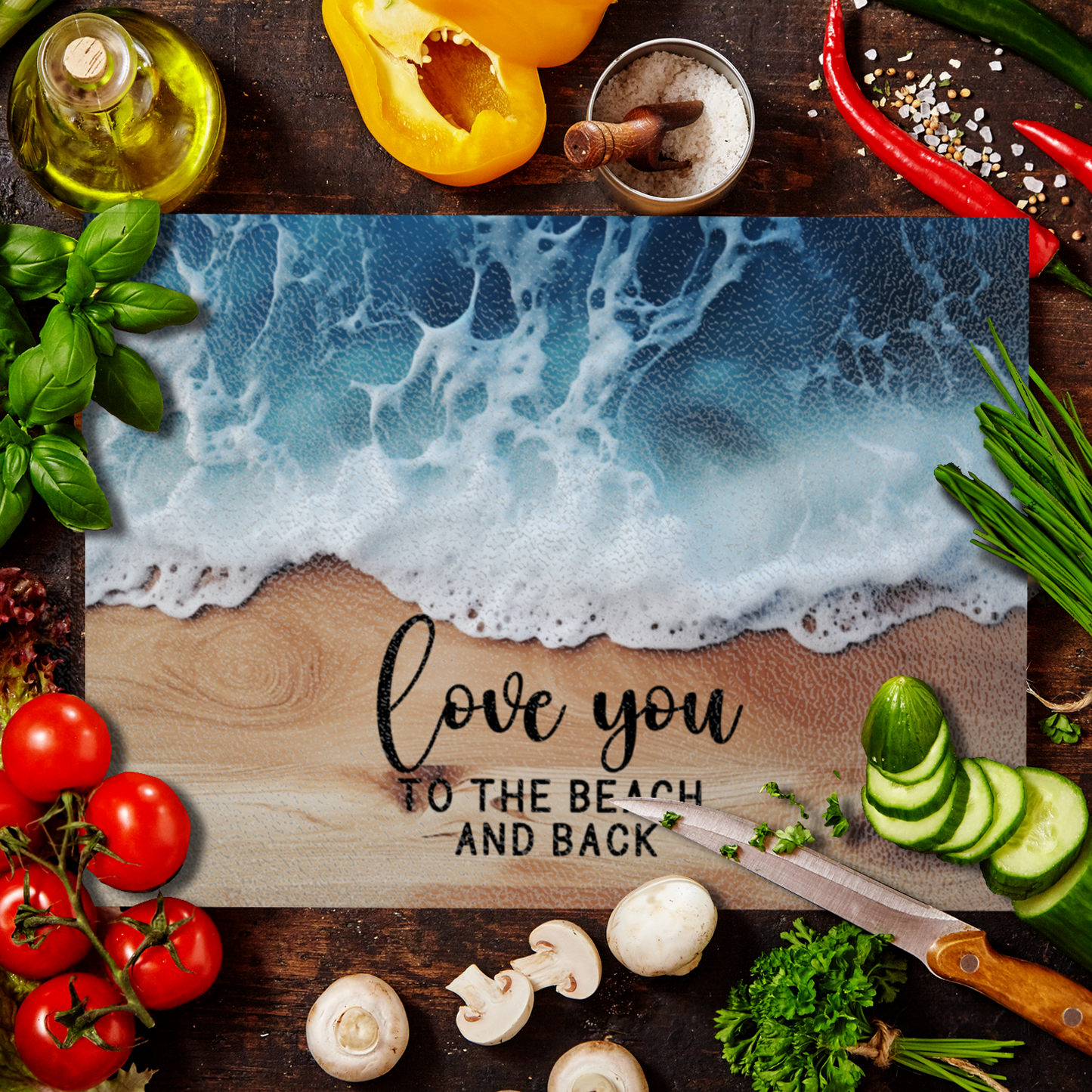 Textured Glass Chopping Board with Faux Wood and Ocean Backdrop - Love You to the Beach and Back