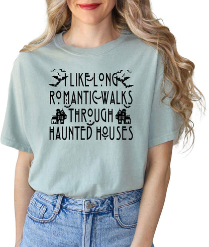 Women's Comfort Colors Funny Halloween Shirt I Like Long Walks Through Haunted Houses