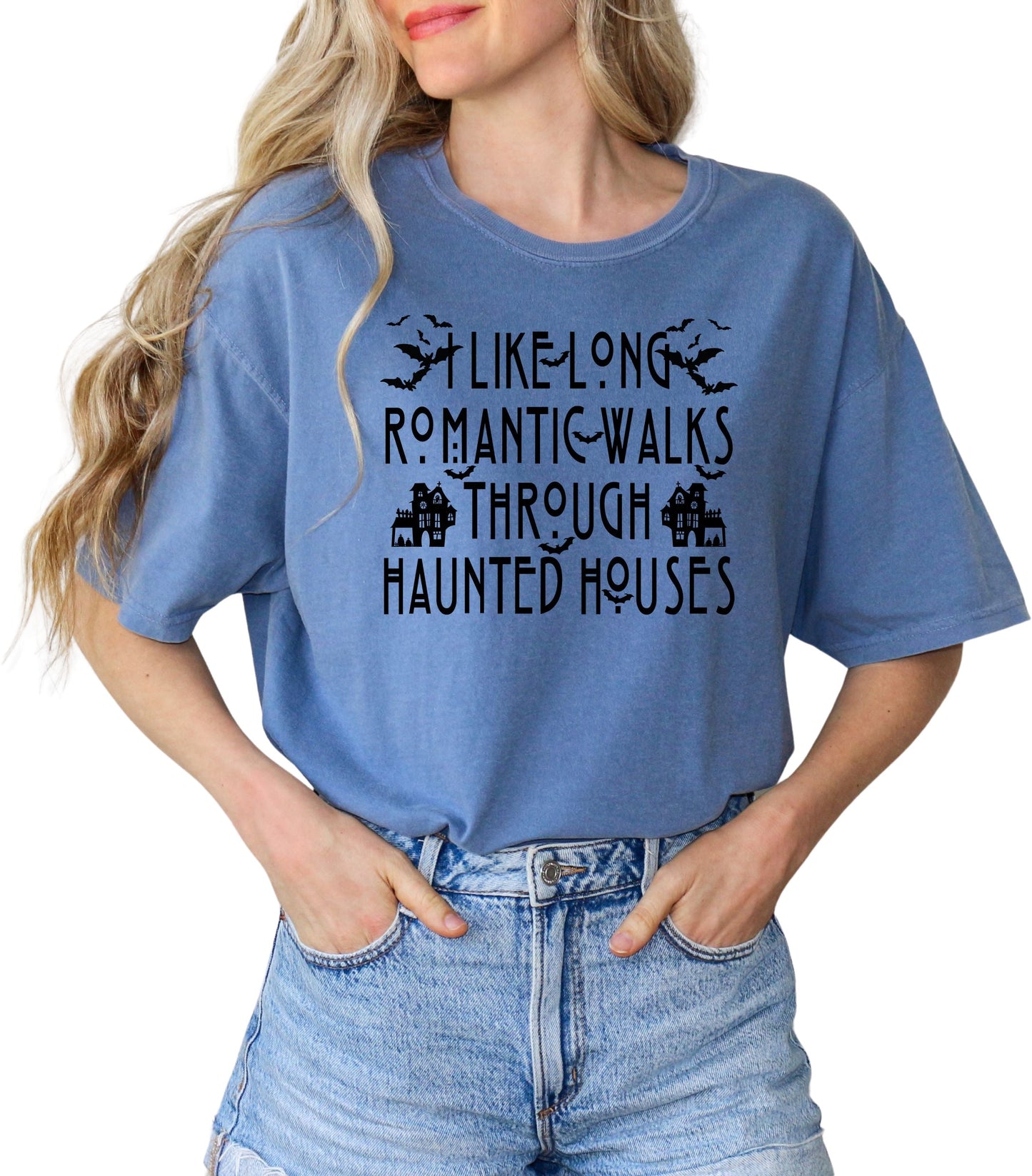 Women's Comfort Colors Funny Halloween Shirt I Like Long Walks Through Haunted Houses