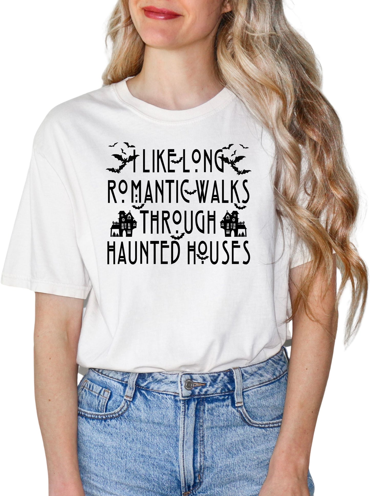 Women's Comfort Colors Funny Halloween Shirt I Like Long Walks Through Haunted Houses