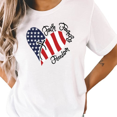 Women's Patriotic American Flag Faith Family Freedom T-Shirt
