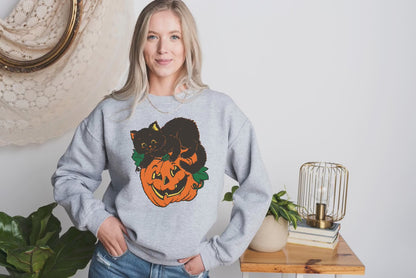 Black Cat Sweatshirt, Black Cat Pumpkin,Pumpkin Halloween, Pumpkin and Black Cat Sweatshirt, Pumpkin Cat, Black Cat Vintage Sweatshirt