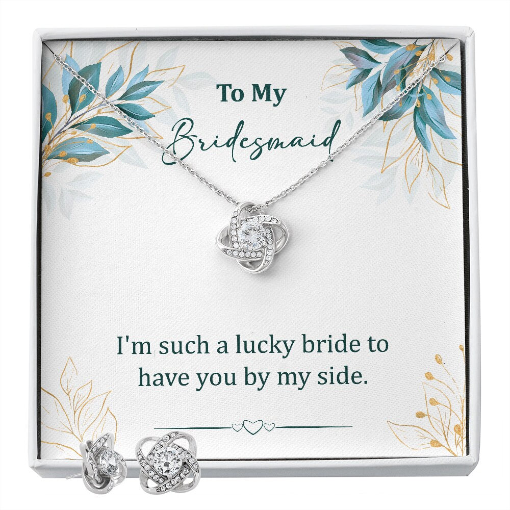 Bridesmaid Knot Cubic Zirconia Crystal Necklace and Earring Gift Set, Gift for Bridesmaid, Wedding Necklace and Earring Set,