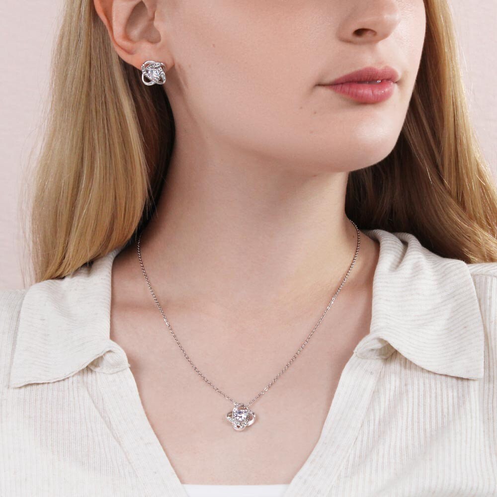 Bridesmaid Knot Cubic Zirconia Crystal Necklace and Earring Gift Set, Gift for Bridesmaid, Wedding Necklace and Earring Set, - Mardonyx Jewelry Love Knot Necklace & Earring Set