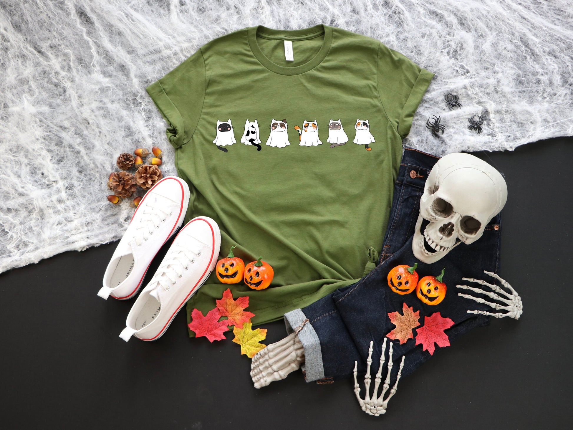 Halloween Cat Shirt, Ghost Cat Halloween T-Shirt - Mardonyx T-Shirt Olive / S