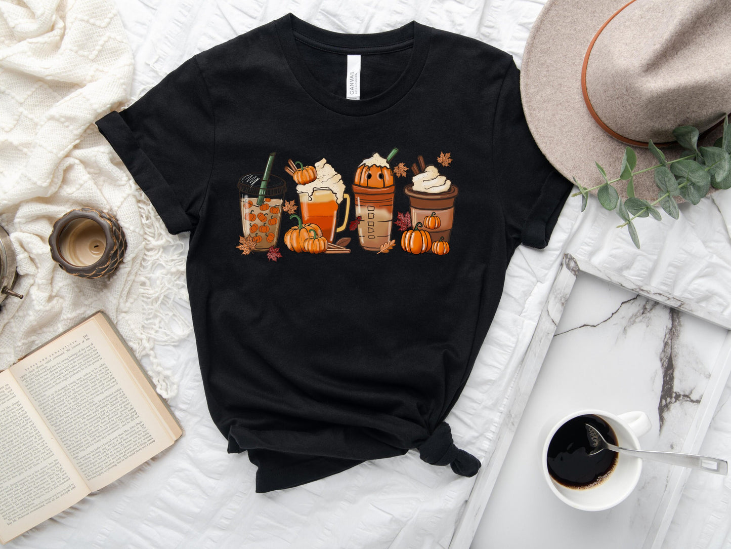 Fall Pumpkin Spice Coffee TShirt, Coffee Lovers Shirt - Mardonyx T-Shirt Black Heather / S