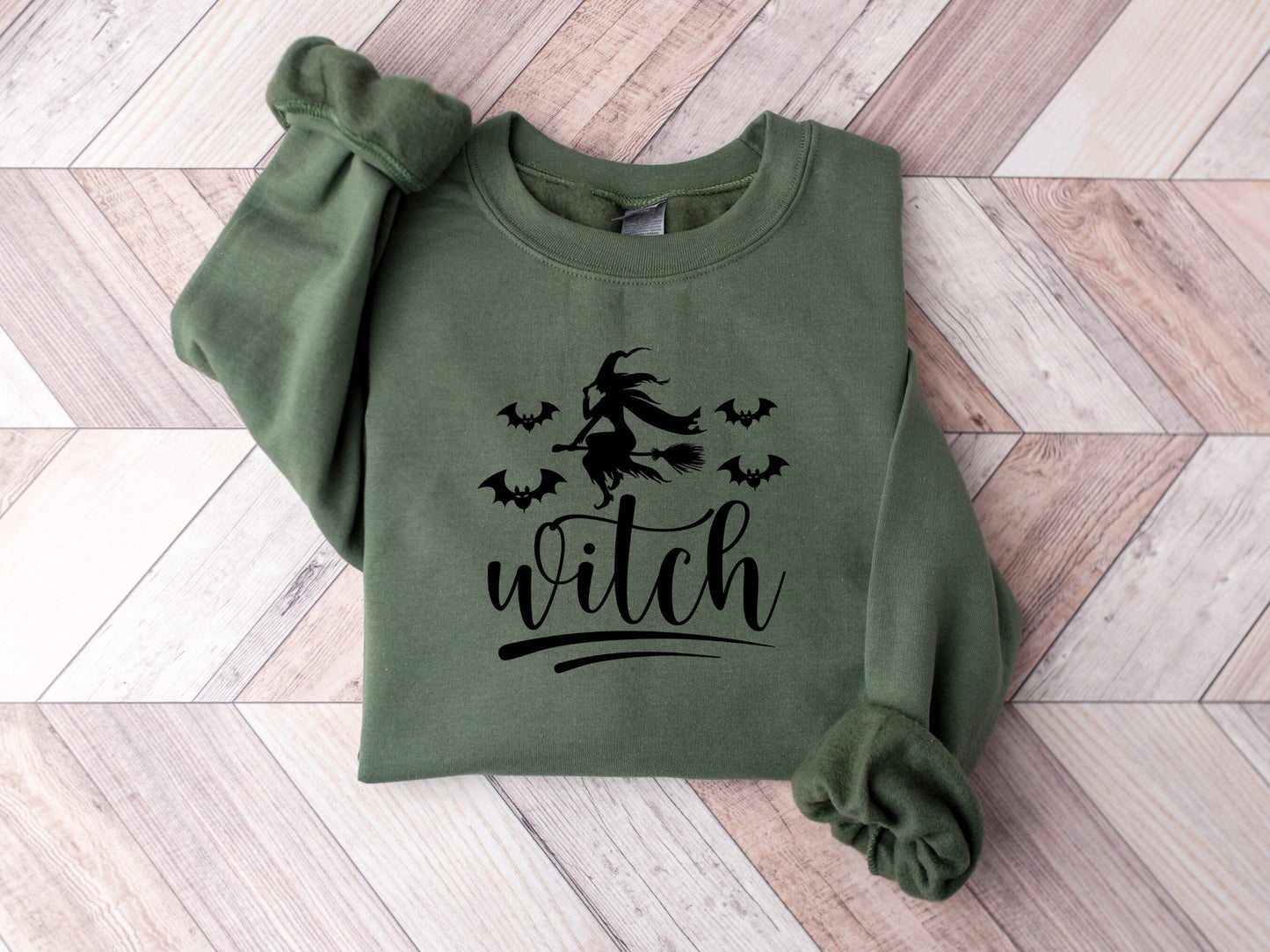 Women's Witch Broom Flying Halloween Sweatshirt with Bats