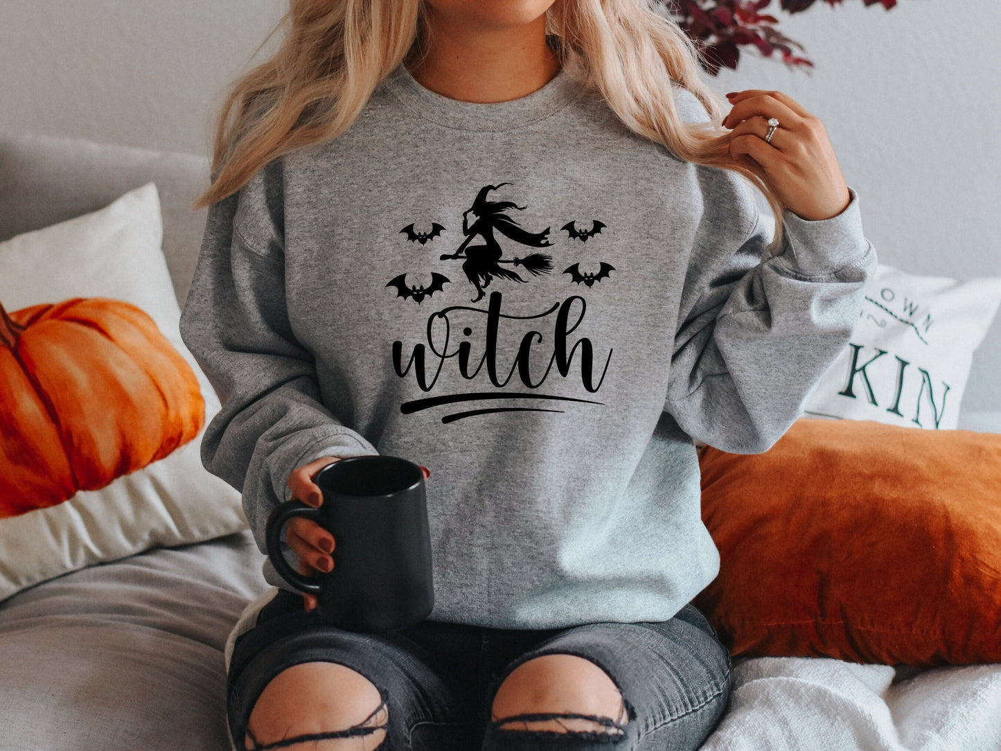 Women's Witch Broom Flying Halloween Sweatshirt with Bats