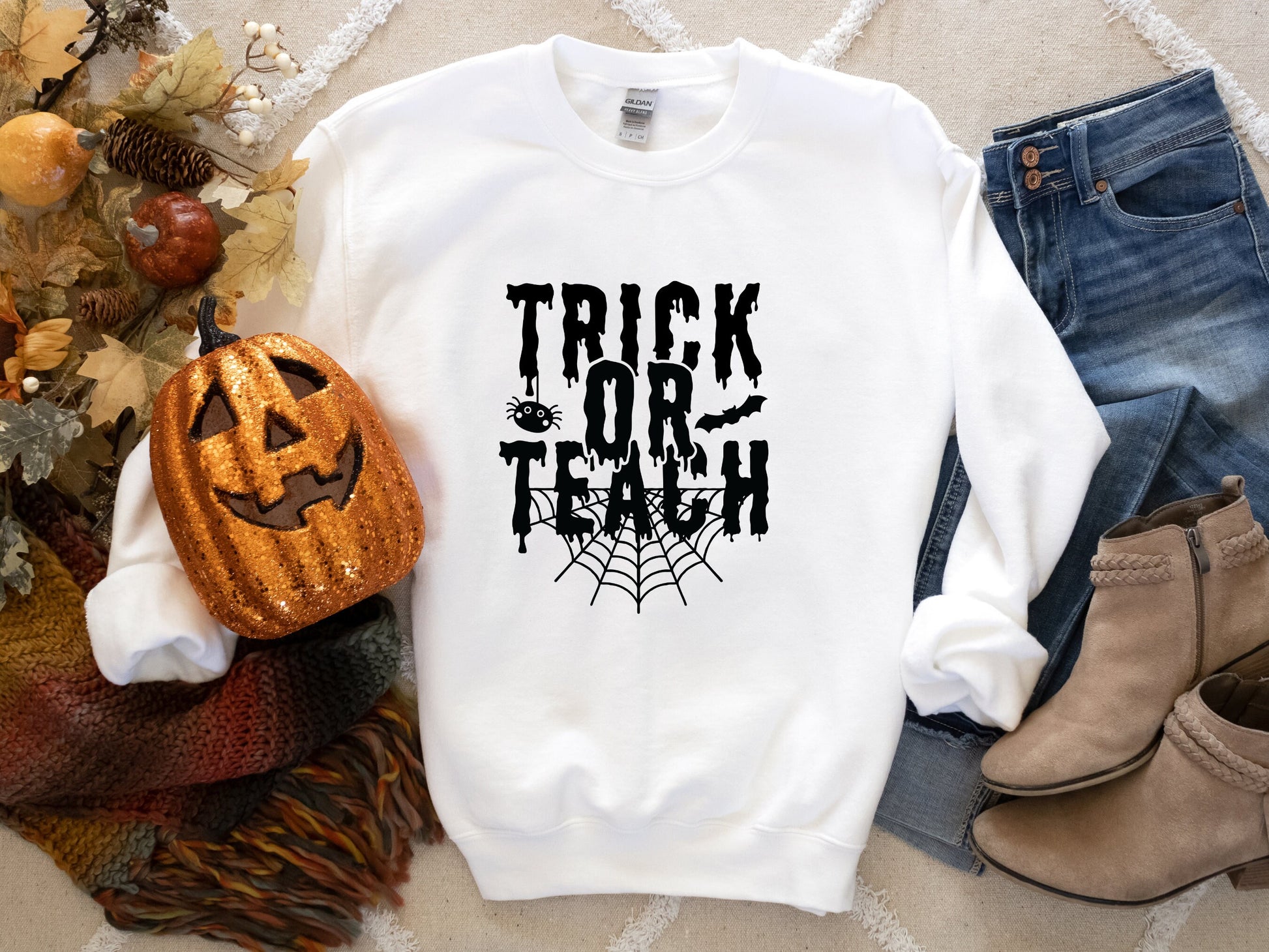 Trick or Teach Sweatshirt ,Teacher Halloween Oversized Sweatshirt - Mardonyx Sweatshirt White / S