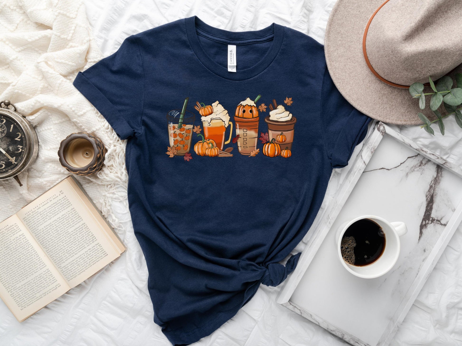 Fall Pumpkin Spice Coffee TShirt, Coffee Lovers Shirt - Mardonyx T-Shirt Navy / S