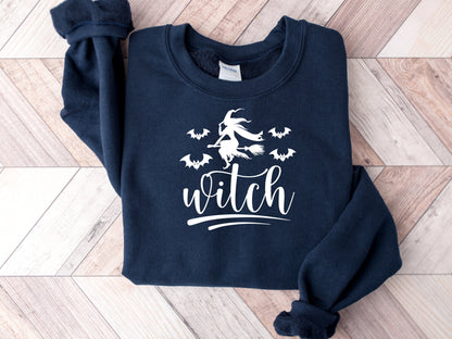 Women's Witch Broom Flying Halloween Sweatshirt with Bats