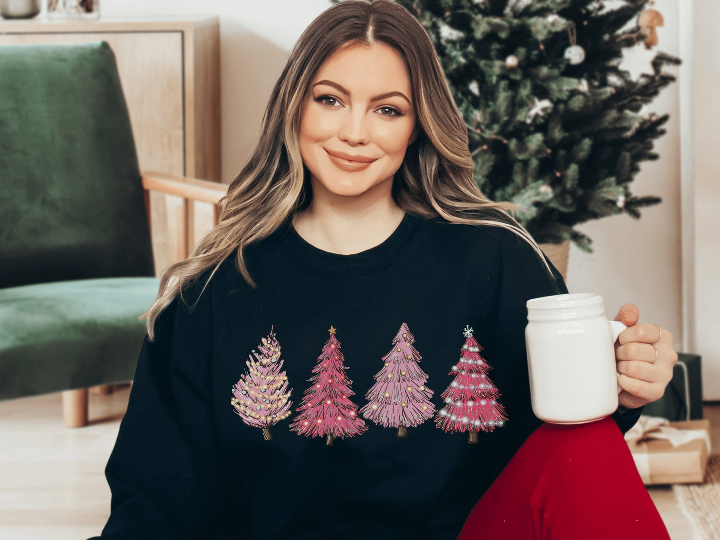 Women's Pink Christmas Tree Sweatshirt, Christmas Sweater, Christmas Tree Sweatshirt, Holiday Sweaters for Women, Winter Sweatshirt