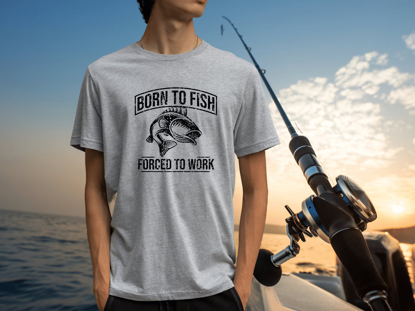 Fishing Gifts for Men, Fishing T-Shirt Born to Fish Forced to Work, Men's Fishing T-Shirt, Women's Fishing T-Shirt - Mardonyx T-Shirt Athletic Heather / S