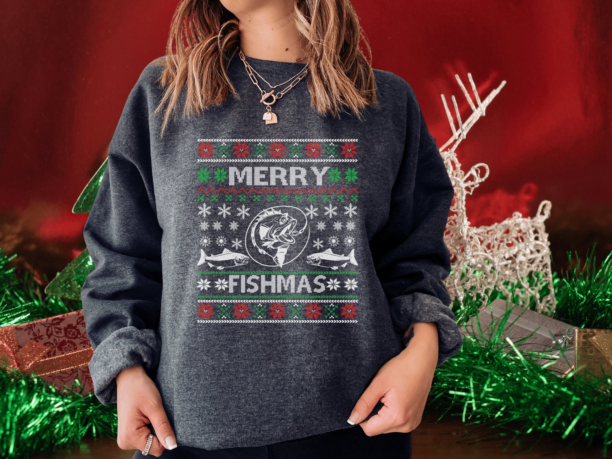 Fishing Gifts for Men, Ugly Christmas Sweater for Men, Merry Fishmas Ugly Christmas Sweater, Merry Fishmas Fishing Ugly Christmas Sweater - Mardonyx Maroon / S