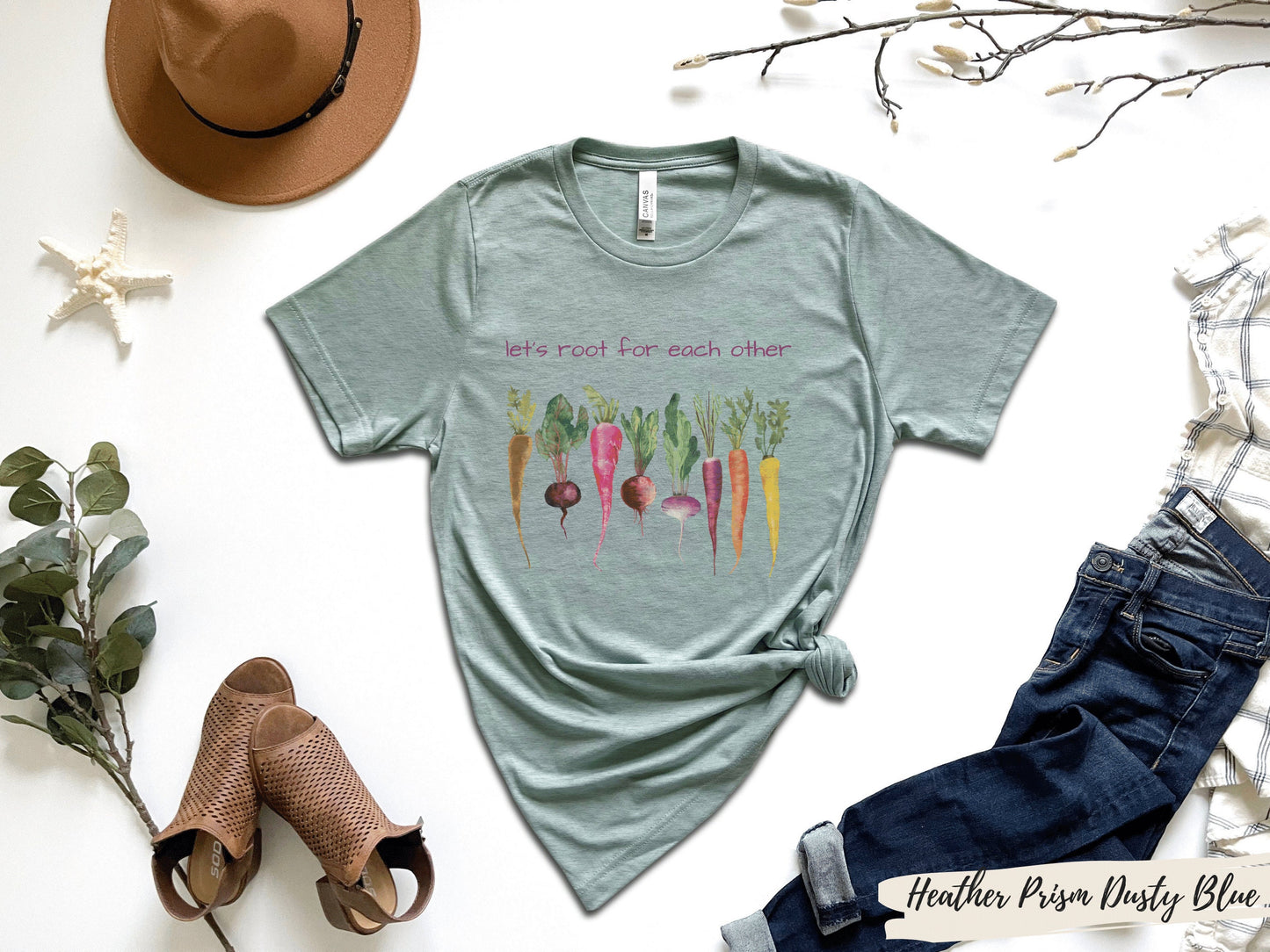 Let's Root for Each Other Shirt,Gardening Vegetable Green Thumb Design,Relaxed Women's T-Shirt, Botanical Shirt, Cottagecore Vegetable Shirt