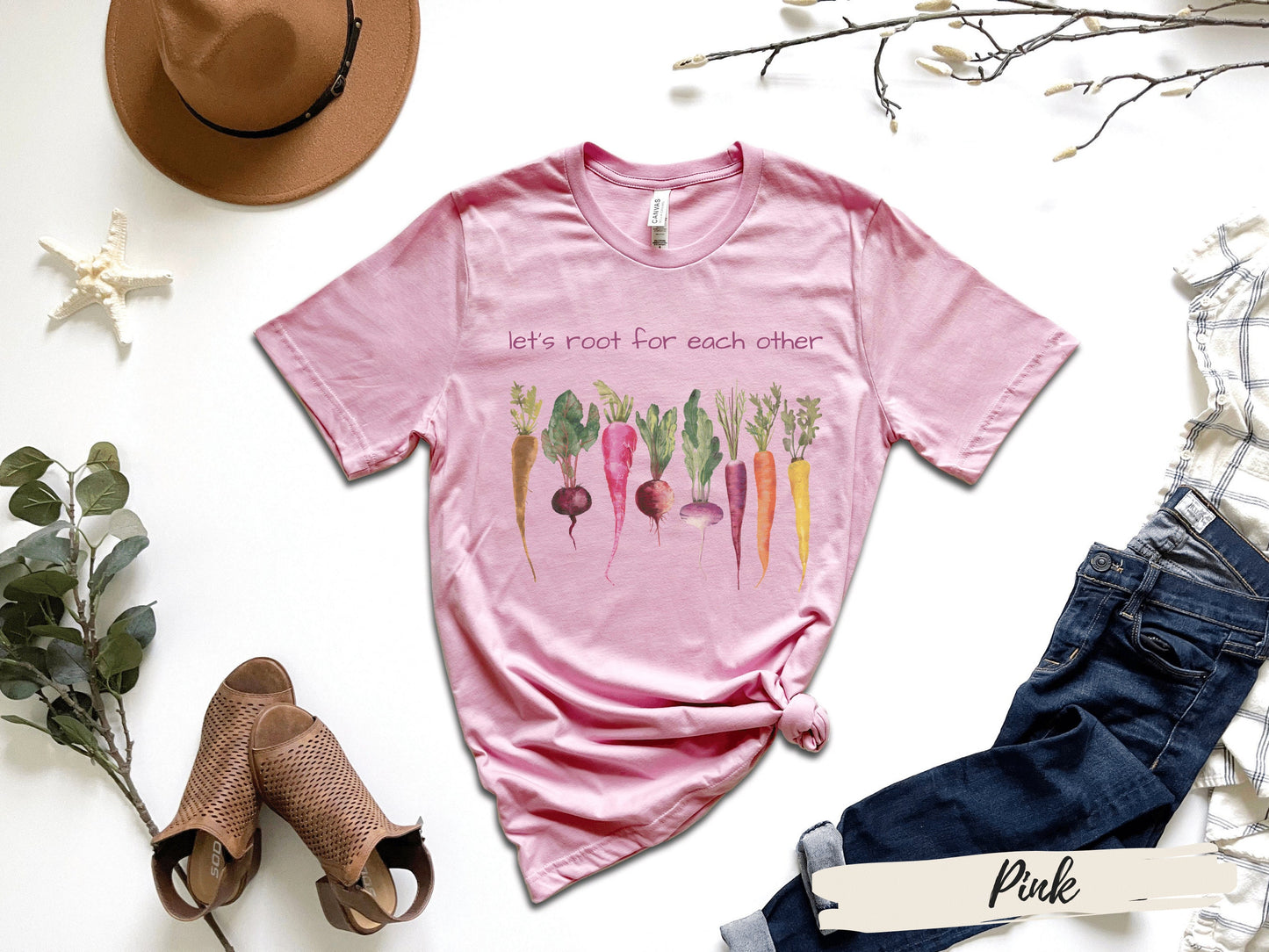Let's Root for Each Other Shirt,Gardening Vegetable Green Thumb Design,Relaxed Women's T-Shirt, Botanical Shirt, Cottagecore Vegetable Shirt