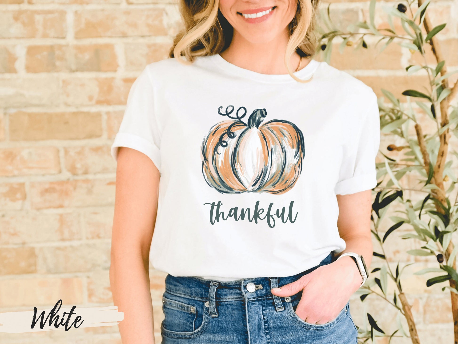 Halloween Watercolor Thankful Pumpkin T-Shirt - Mardonyx T-Shirt White / S