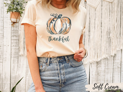 Halloween Watercolor Thankful Pumpkin T-Shirt - Mardonyx T-Shirt Soft Cream / S