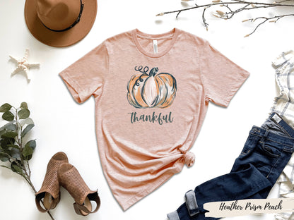 Halloween Watercolor Thankful Pumpkin T-Shirt - Mardonyx T-Shirt Heather Prism Peach / S