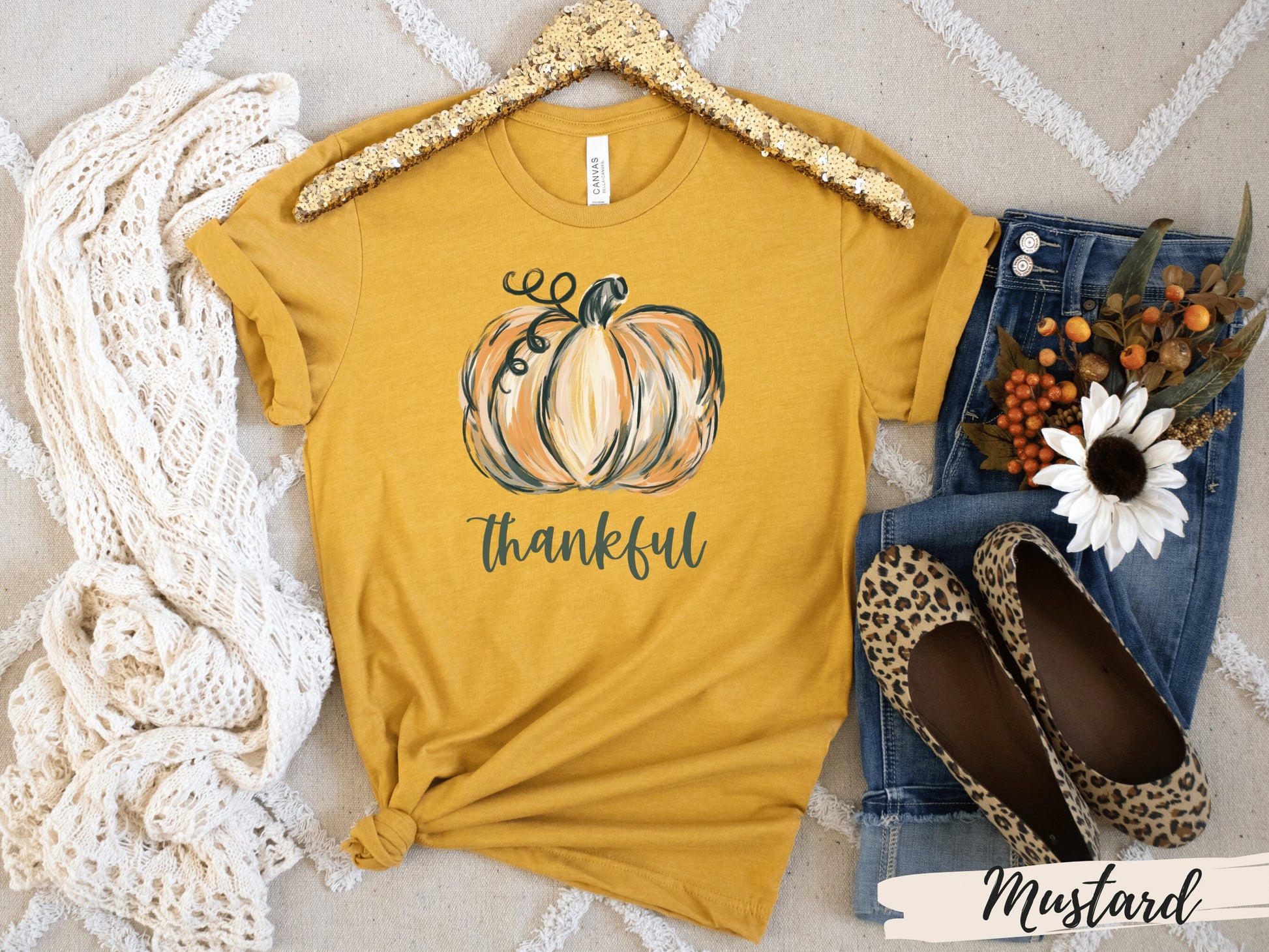 Halloween Watercolor Thankful Pumpkin T-Shirt - Mardonyx T-Shirt Mustard / S