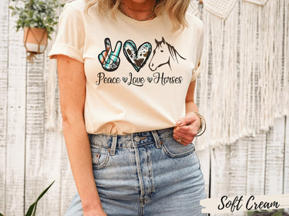 Peace Love Horses TShirt,Horse Apparel, Horseback Riding Clothes , Cool Farmer Girl Gift, Horse Rider Outfit, Farm Animal Shirt, Horse Gifts