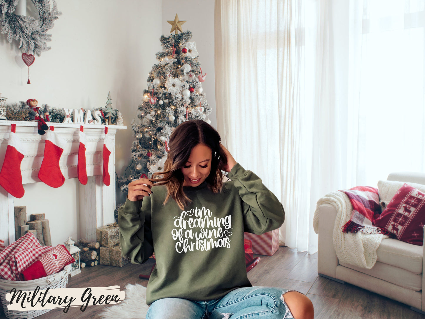 Funny Christmas Sweatshirt, I'm Dreaming of a Wine Christmas, Ugly Christmas Shirt - Mardonyx Sweatshirt Military Green / Unisex - Small