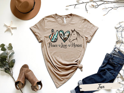 Peace Love Horses TShirt,Horse Apparel, Horseback Riding Clothes , Cool Farmer Girl Gift, Horse Rider Outfit, Farm Animal Shirt, Horse Gifts