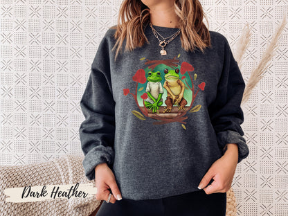 Frog and Toad Sweatshirt, Watercolor Print of Frog and Toad Sitting on a Log, Frog Lover Gift, Green Tree Frog Shirt - Mardonyx Sweatshirt Sport Grey / Unisex - Small