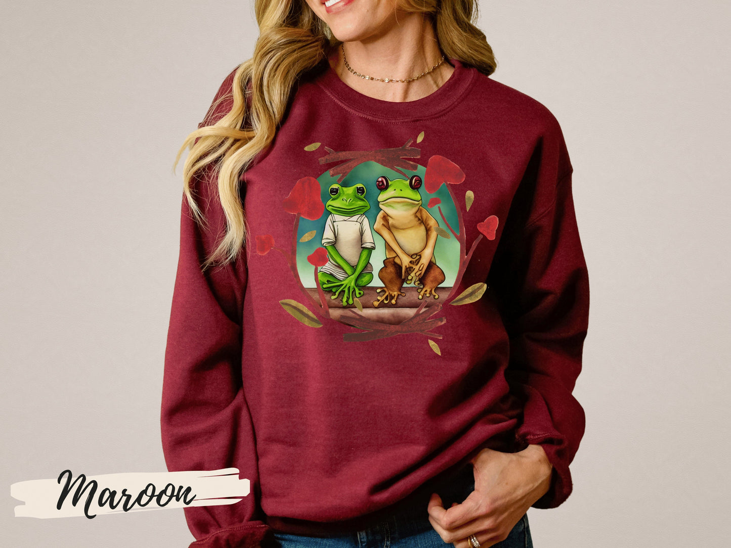 Frog and Toad Sweatshirt, Watercolor Print of Frog and Toad Sitting on a Log, Frog Lover Gift, Green Tree Frog Shirt