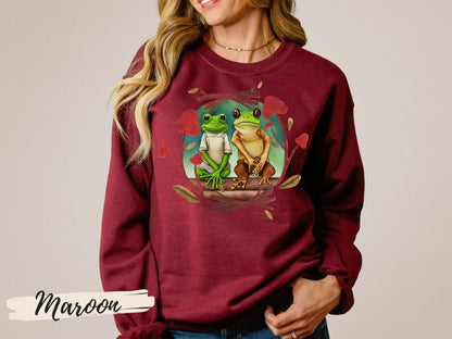 Frog and Toad Sweatshirt, Watercolor Print of Frog and Toad Sitting on a Log, Frog Lover Gift, Green Tree Frog Shirt - Mardonyx Sweatshirt Maroon / Unisex - Small