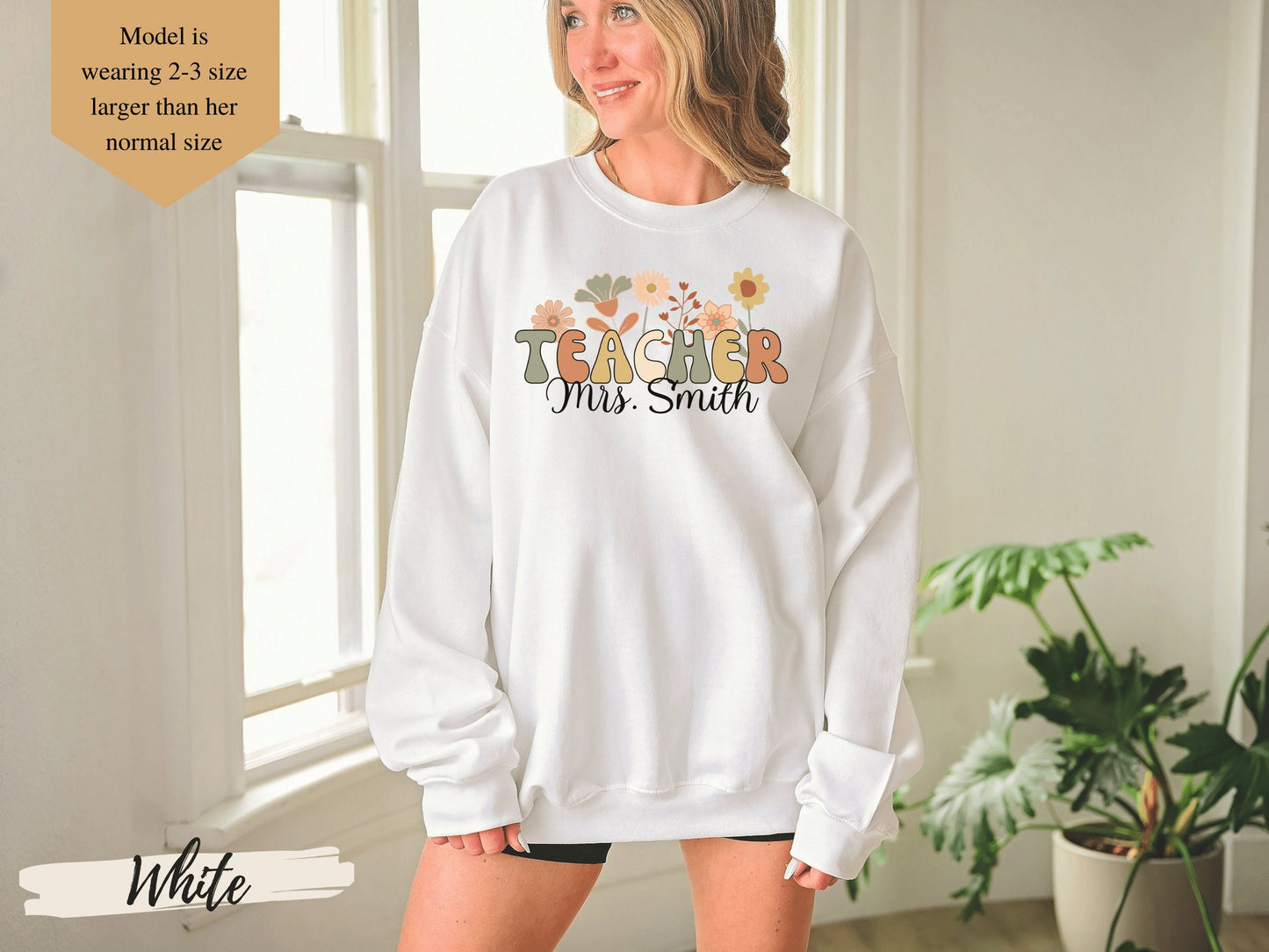 Personalized Teacher Sweatshirt, Groovy Retro Wildflowers Teacher Crewneck Sweatshirt, Gift for Teacher, Custom Gifts for Teacher Name Shirt