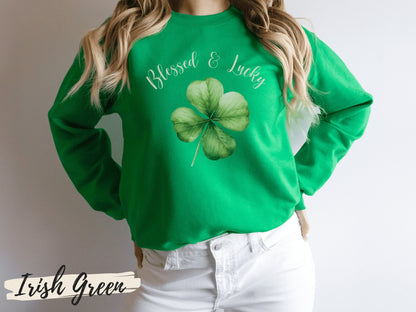 Blessed and Lucky Sweatshirt, Lucky Clover Sweatshirt, St Patricks Day Sweatshirt, - Mardonyx Sweatshirt White