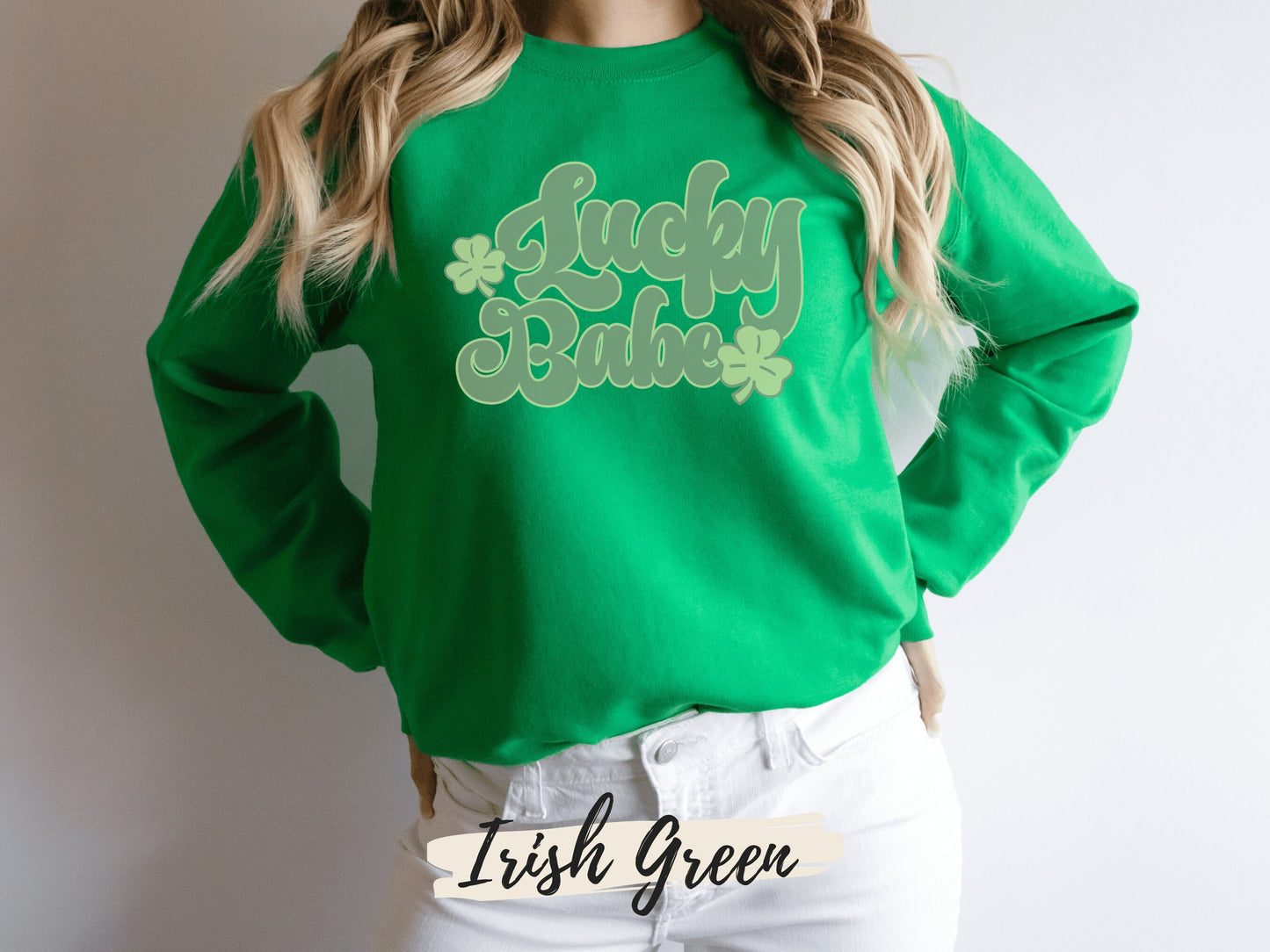 Lucky Retro Sweatshirt, Lucky Babe Shirt, Womens Lucky Sweatshirt, Shamrock Shirt - Mardonyx Sweatshirt Military Green